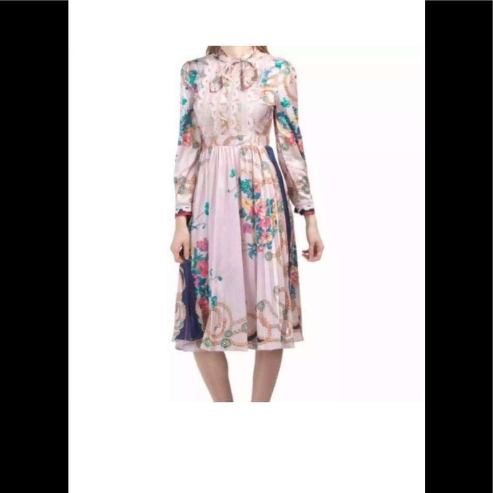 Dalia Macphee Pink Lace Long Sleeve Printed Pleated Midi Dress Sz Large